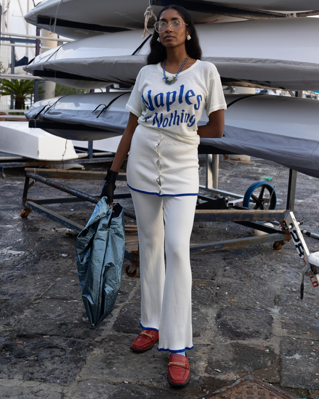 pantalone in maglia white e blu